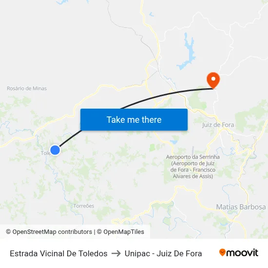 Estrada Vicinal De Toledos to Unipac - Juiz De Fora map