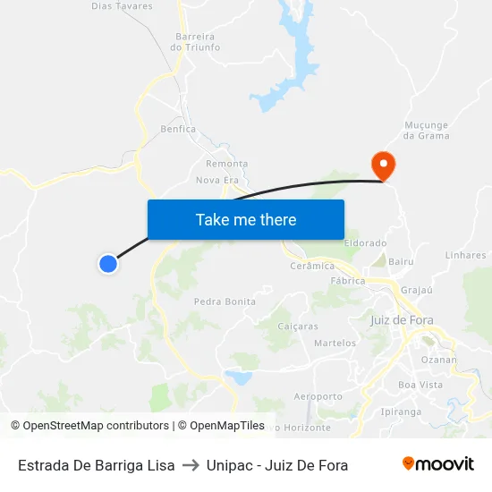 Estrada De Barriga Lisa to Unipac - Juiz De Fora map