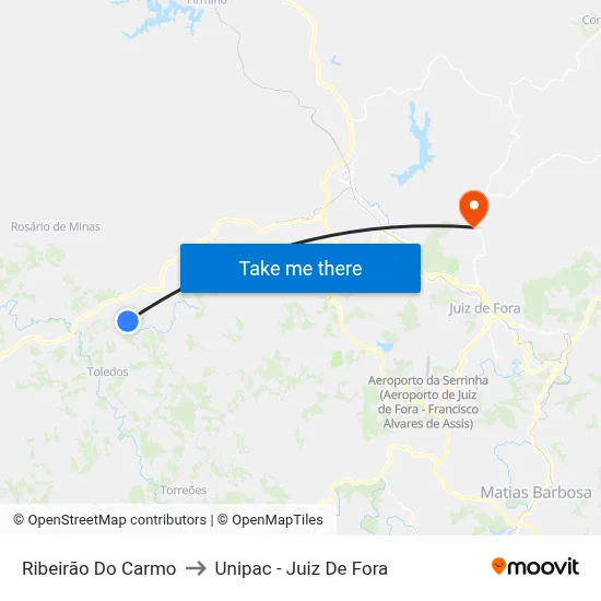 Ribeirão Do Carmo to Unipac - Juiz De Fora map