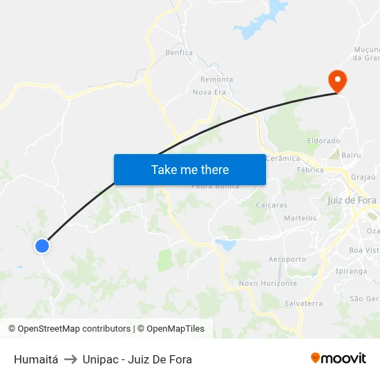 Humaitá to Unipac - Juiz De Fora map