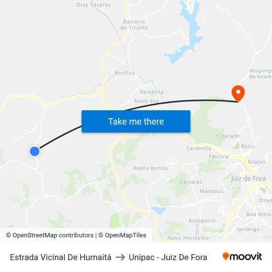 Estrada Vicinal De Humaitá to Unipac - Juiz De Fora map