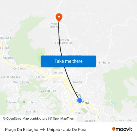 Praça Da Estação to Unipac - Juiz De Fora map