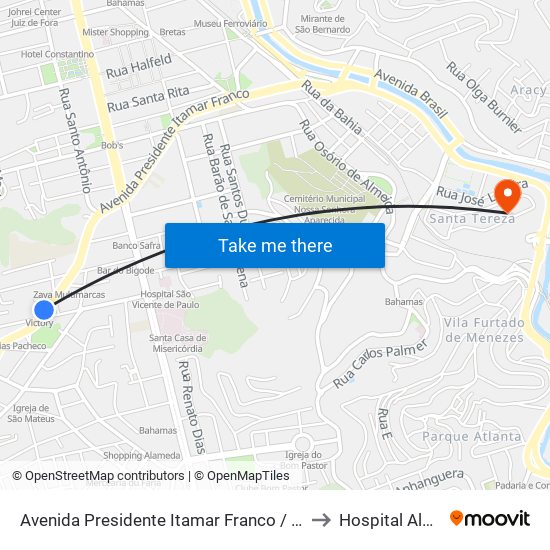 Avenida Presidente Itamar Franco / Victory Business Hotel to Hospital Albert Sabin map