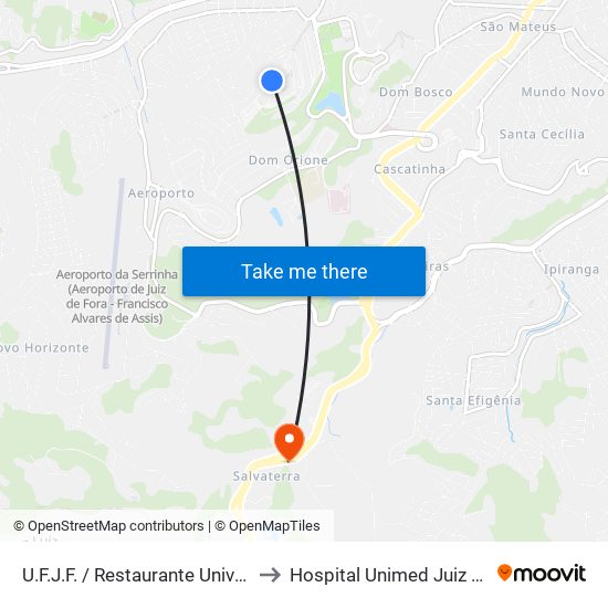 U.F.J.F. / Restaurante Universitário to Hospital Unimed Juiz de Fora map