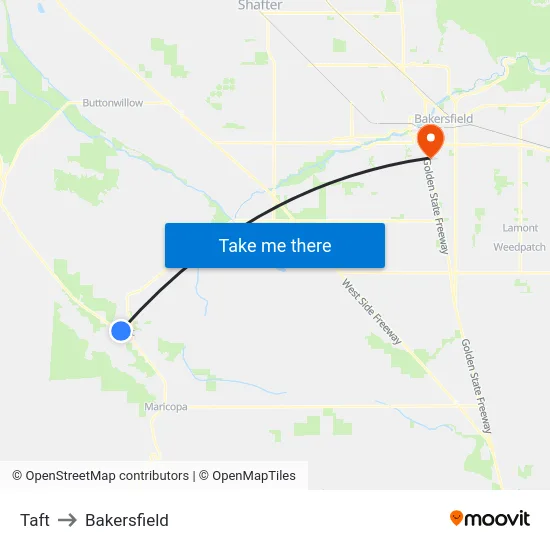 Taft to Bakersfield map