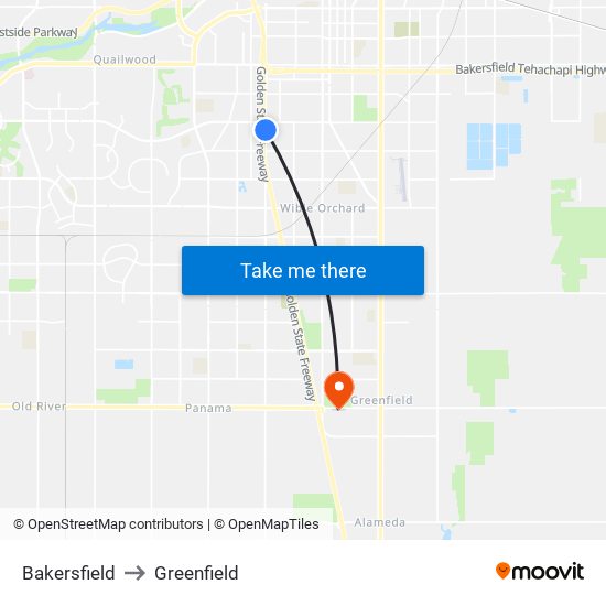 Bakersfield to Greenfield map