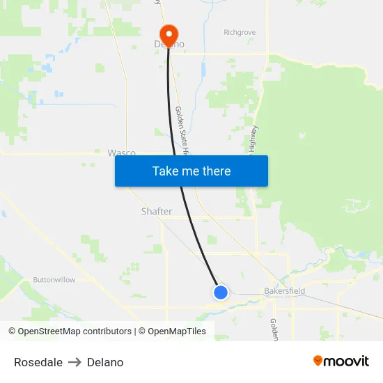 Rosedale to Delano map