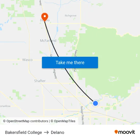 Bakersfield College to Delano map