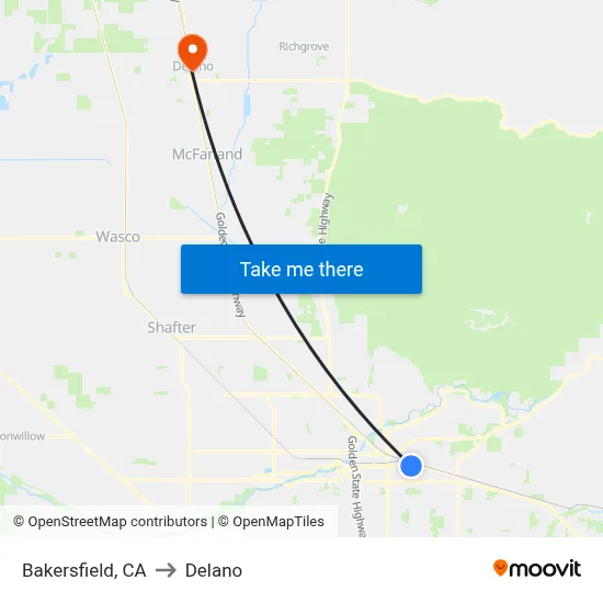 Bakersfield, CA to Delano map