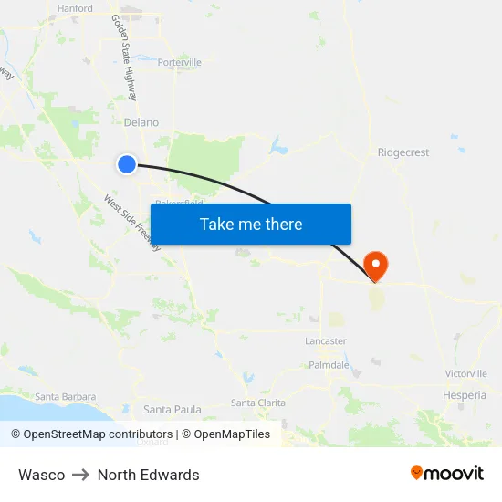 Wasco to North Edwards map