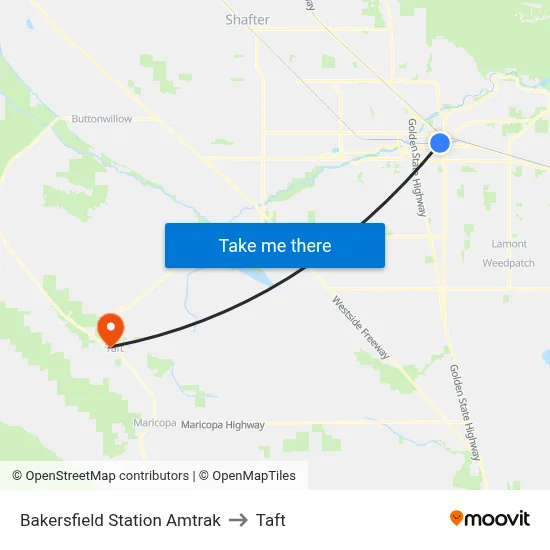 Bakersfield Station Amtrak to Taft map