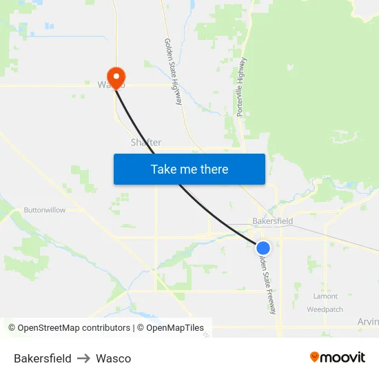 Bakersfield to Wasco map