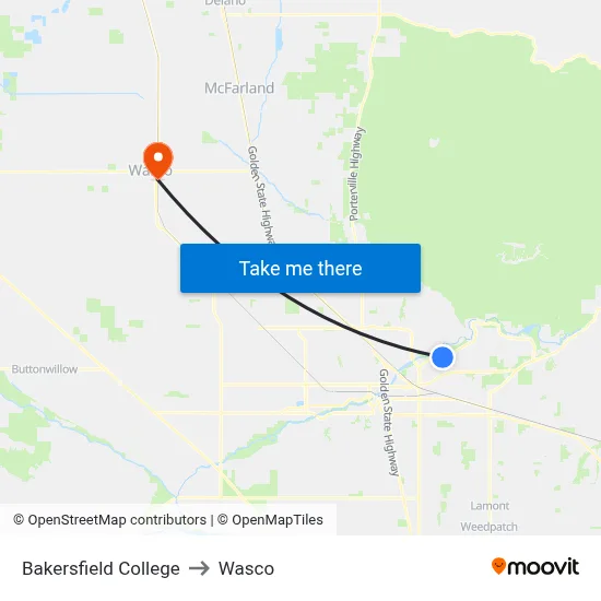 Bakersfield College to Wasco map