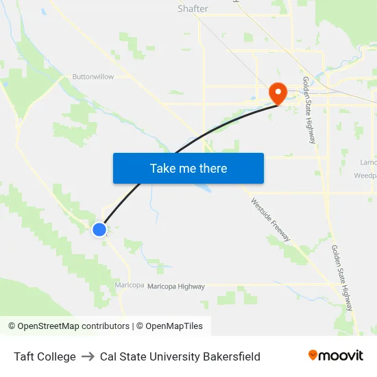 Taft College to Cal State University Bakersfield map