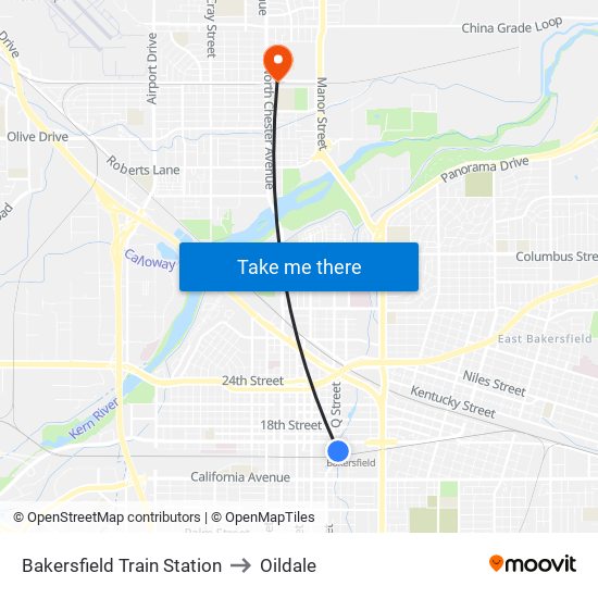 Bakersfield Train Station to Oildale map