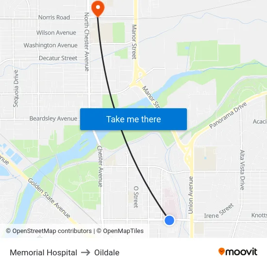 Memorial Hospital to Oildale map
