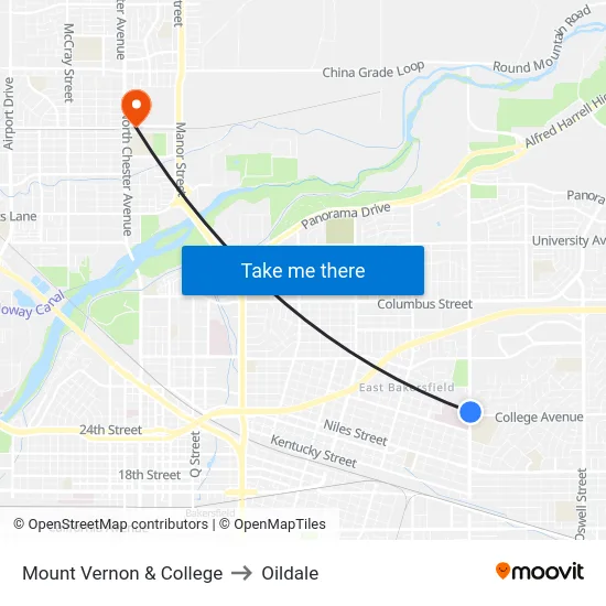 Mount Vernon & College to Oildale map