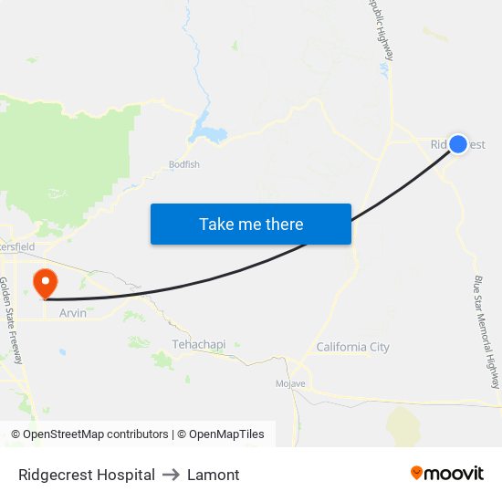 Ridgecrest Hospital to Lamont map