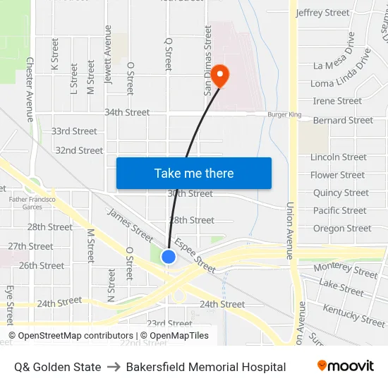 Q& Golden State to Bakersfield Memorial Hospital map