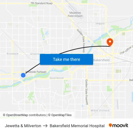 Jewetta & Milverton to Bakersfield Memorial Hospital map