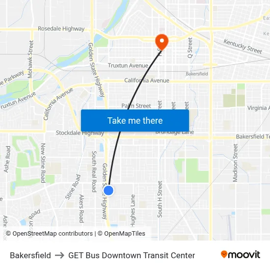 Bakersfield to GET Bus Downtown Transit Center map