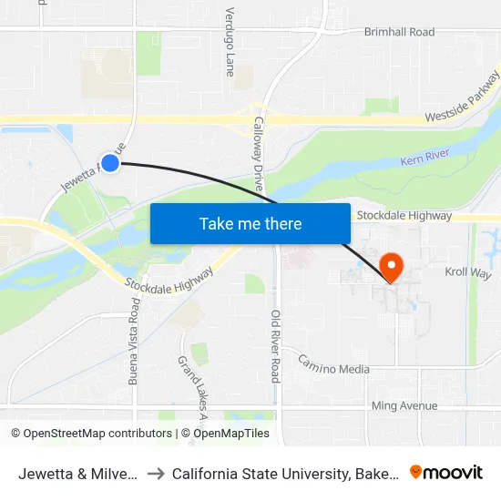 Jewetta & Milverton to California State University, Bakersfield map