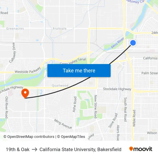 19th & Oak to California State University, Bakersfield map
