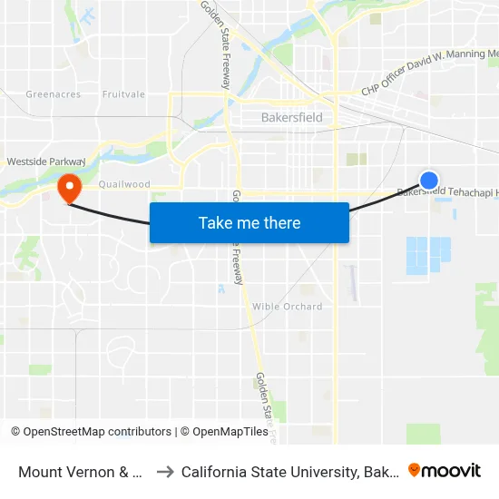 Mount Vernon & Texas to California State University, Bakersfield map