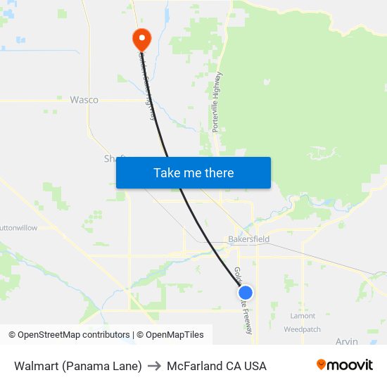 Walmart (Panama Lane) to McFarland CA USA map