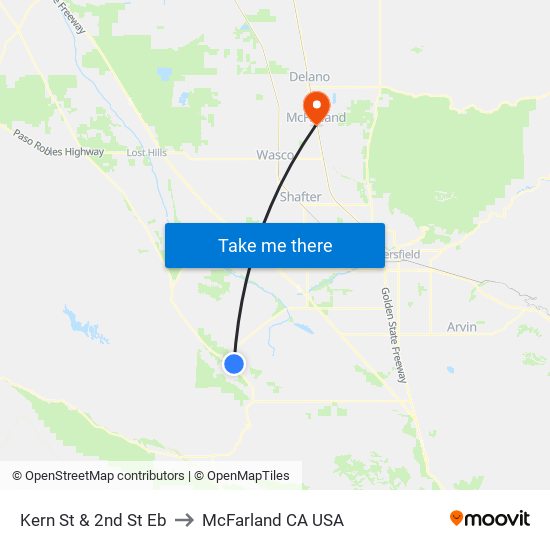 Kern St & 2nd St Eb to McFarland CA USA map