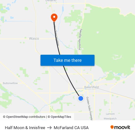 Half Moon & Innisfree to McFarland CA USA map