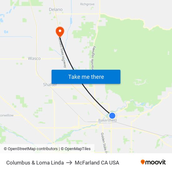 Columbus & Loma Linda to McFarland CA USA map