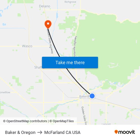 Baker & Oregon to McFarland CA USA map