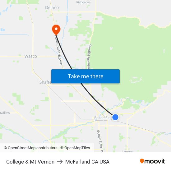 College & Mt Vernon to McFarland CA USA map