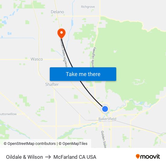 Oildale & Wilson to McFarland CA USA map