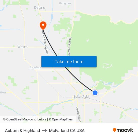 Auburn & Highland to McFarland CA USA map