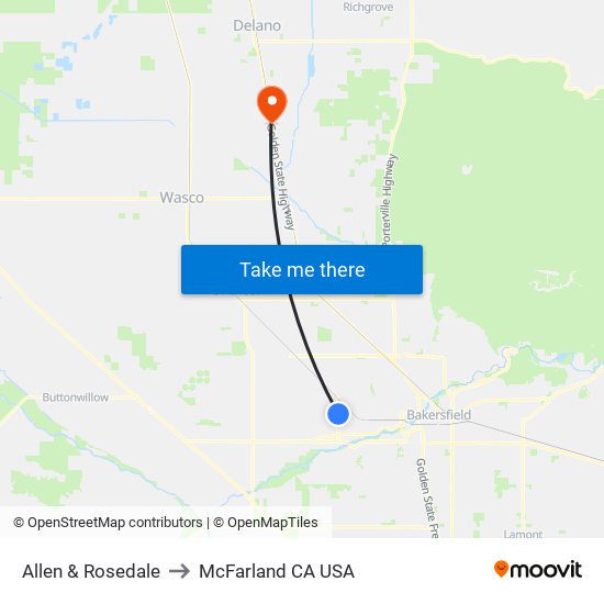 Allen & Rosedale to McFarland CA USA map