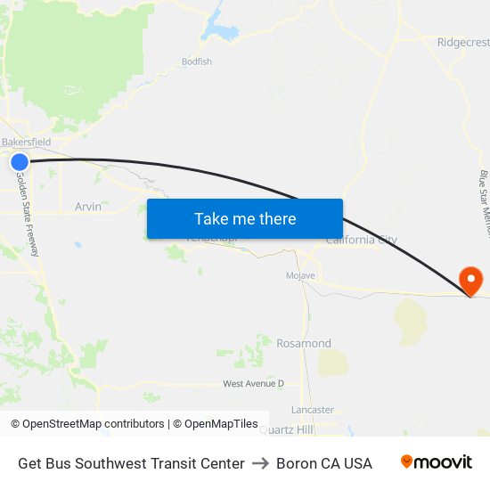 Get Bus Southwest Transit Center to Boron CA USA map