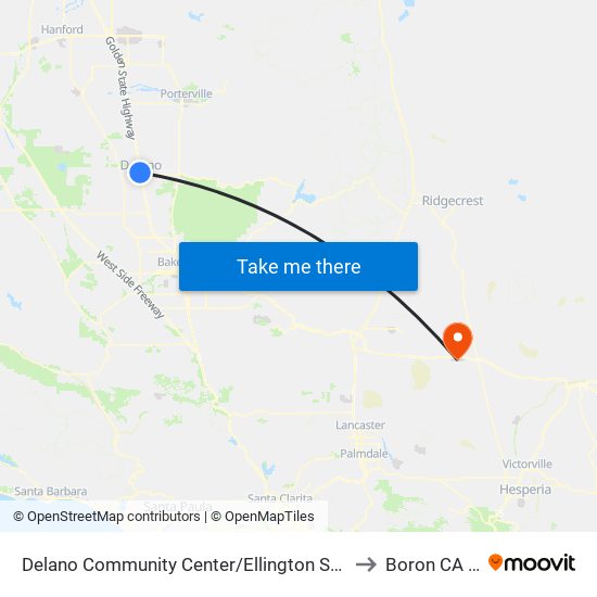 Delano Community Center/Ellington St. (760893) to Boron CA USA map