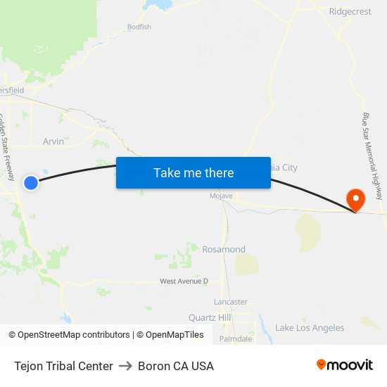 Tejon Tribal Center to Boron CA USA map