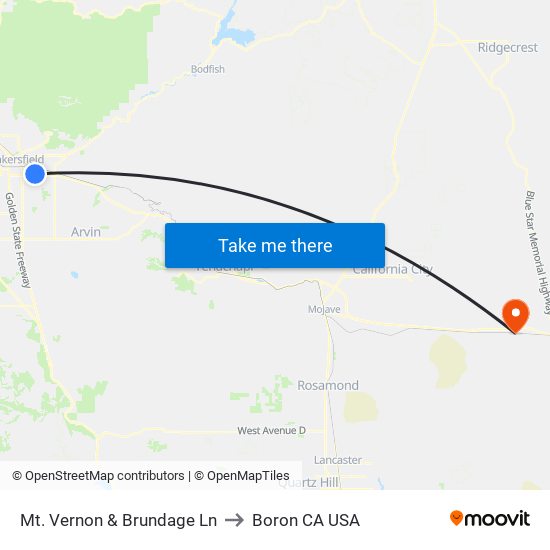 Mt. Vernon & Brundage Ln to Boron CA USA map