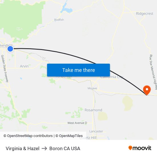 Virginia & Hazel to Boron CA USA map