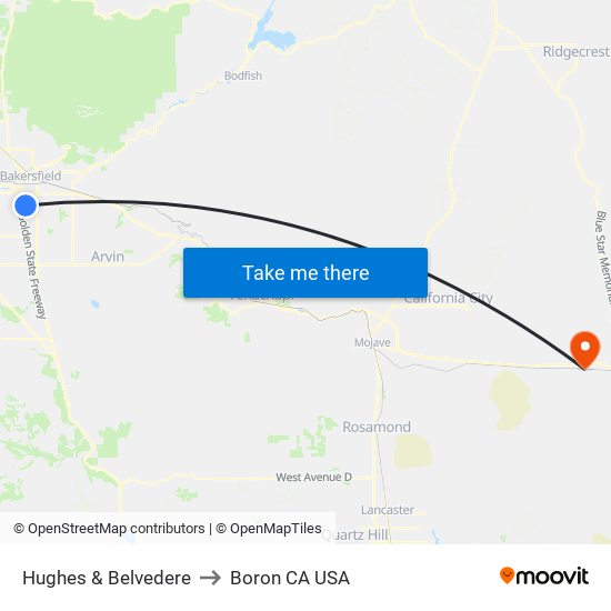 Hughes & Belvedere to Boron CA USA map