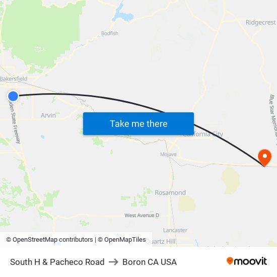 South H & Pacheco Road to Boron CA USA map