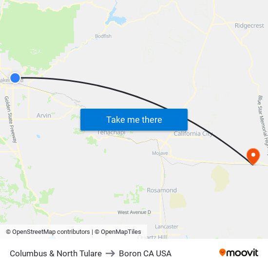 Columbus & North Tulare to Boron CA USA map