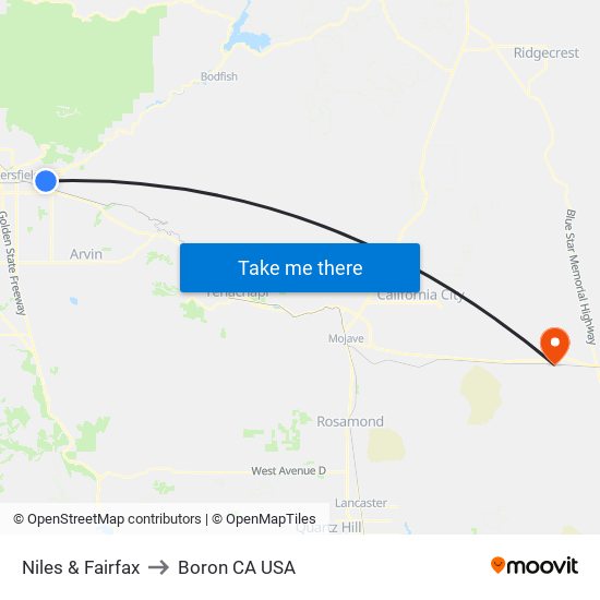 Niles & Fairfax to Boron CA USA map