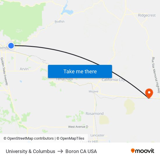 University & Columbus to Boron CA USA map