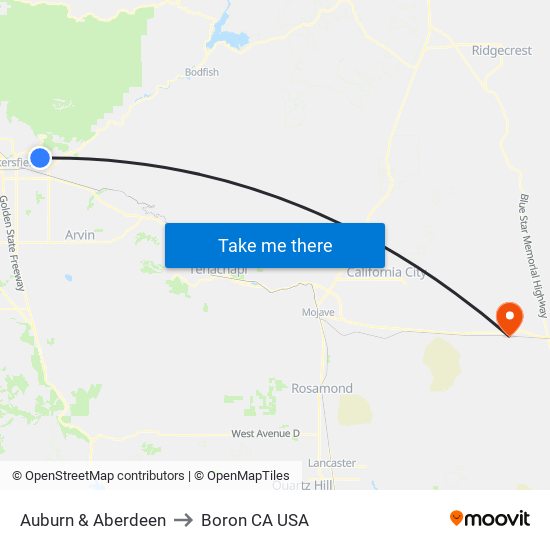 Auburn & Aberdeen to Boron CA USA map