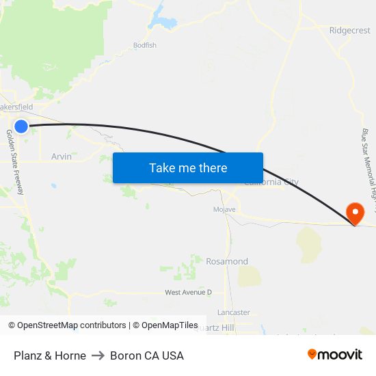 Planz & Horne to Boron CA USA map