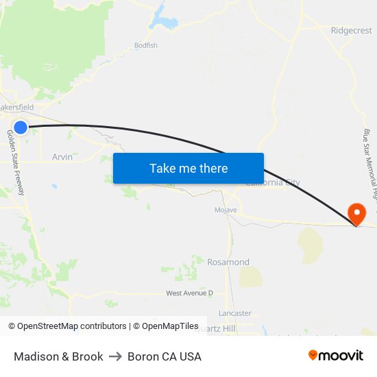 Madison & Brook to Boron CA USA map